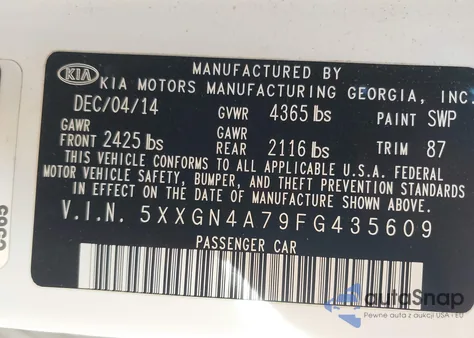 2015 Kia Optima Ex z USA, uszkodzony, nr VIN 5XXGN4A79FG435609